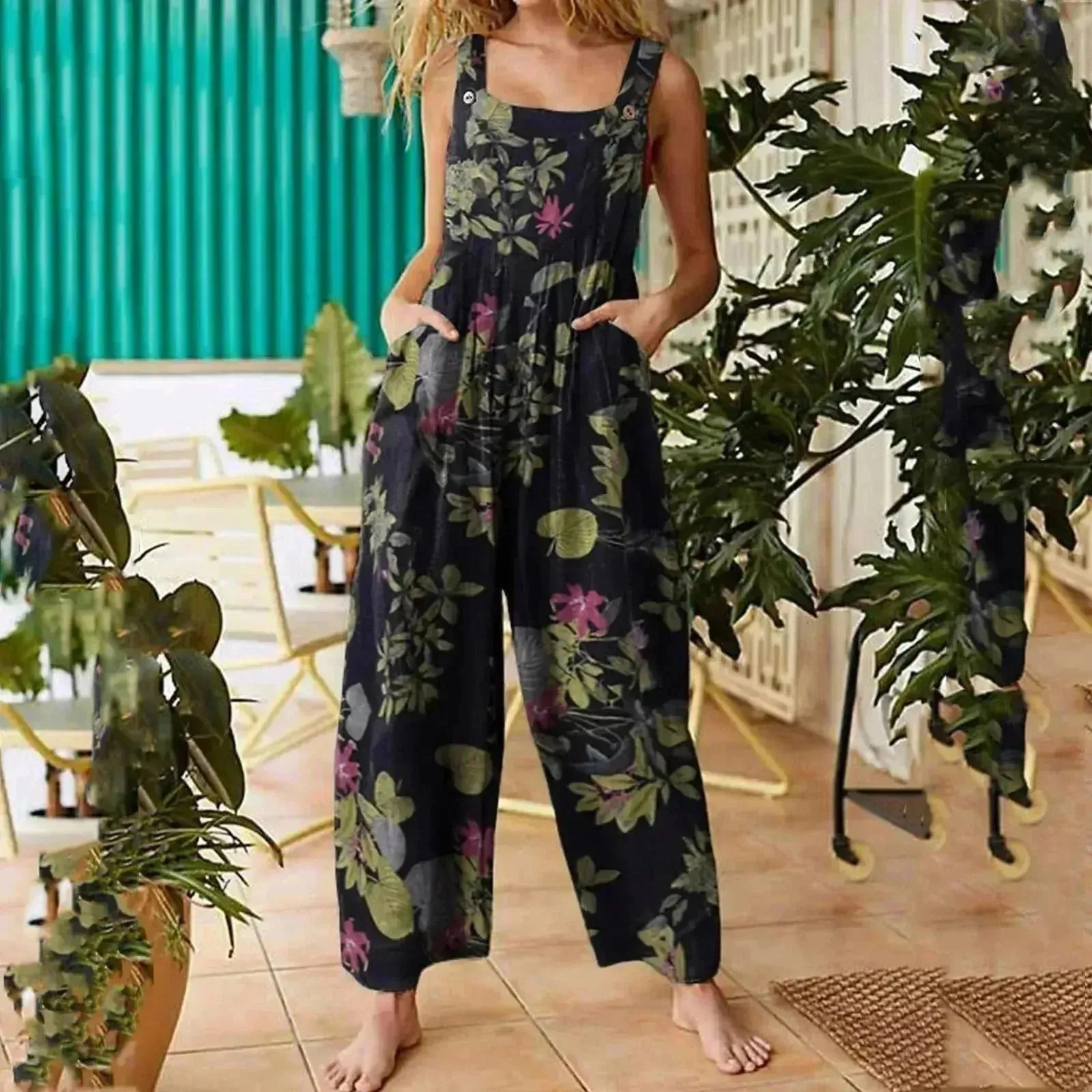 Casual Summer Cotton Floral Sleeveless loose Jumpsuit