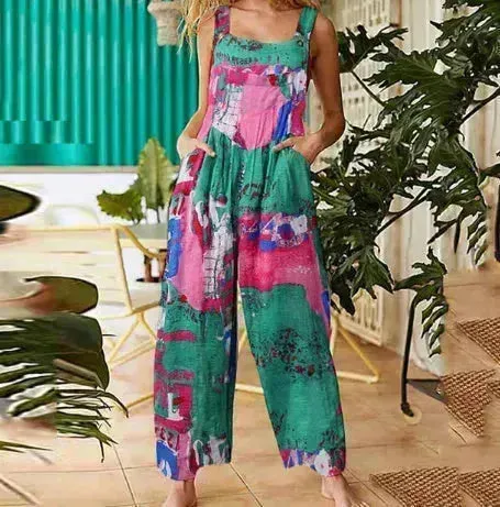 Casual Summer Cotton Floral Sleeveless loose Jumpsuit