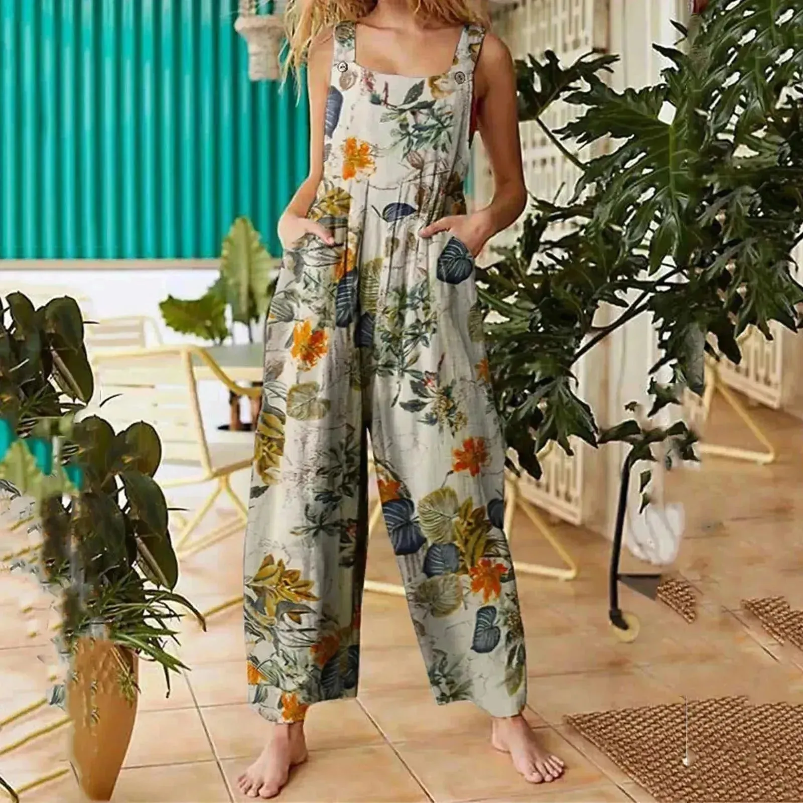 Casual Summer Cotton Floral Sleeveless loose Jumpsuit