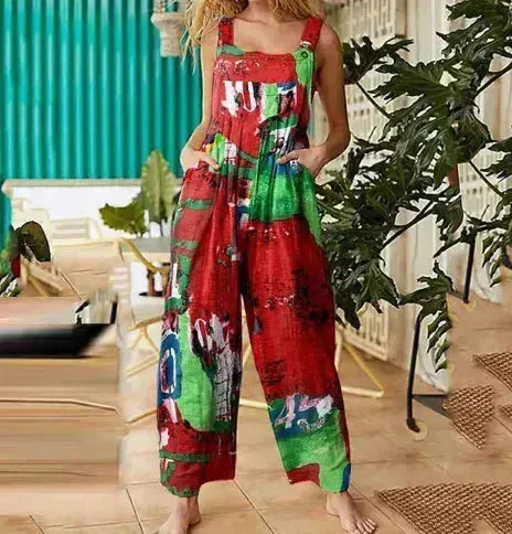 Casual Summer Cotton Floral Sleeveless loose Jumpsuit