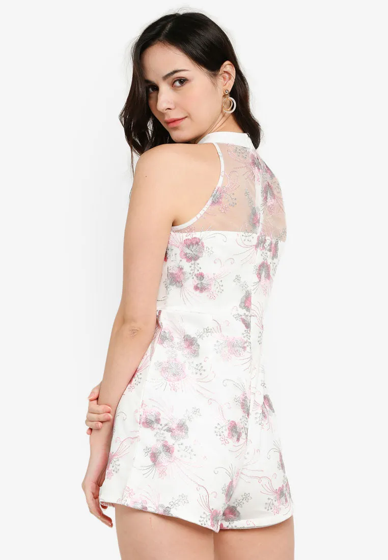 Cerise Mesh Floral Cheongsam Romper in White