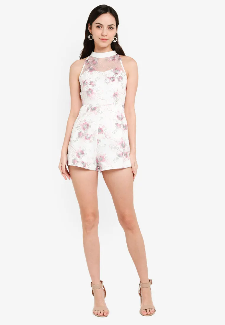 Cerise Mesh Floral Cheongsam Romper in White