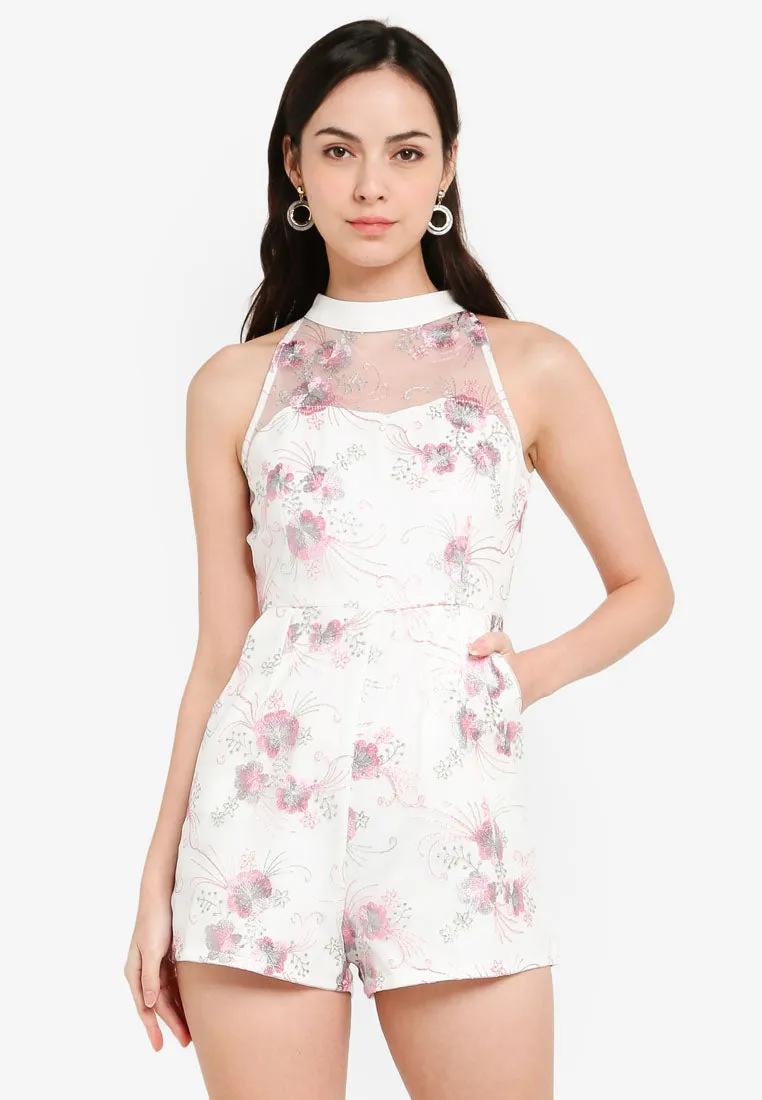 Cerise Mesh Floral Cheongsam Romper in White