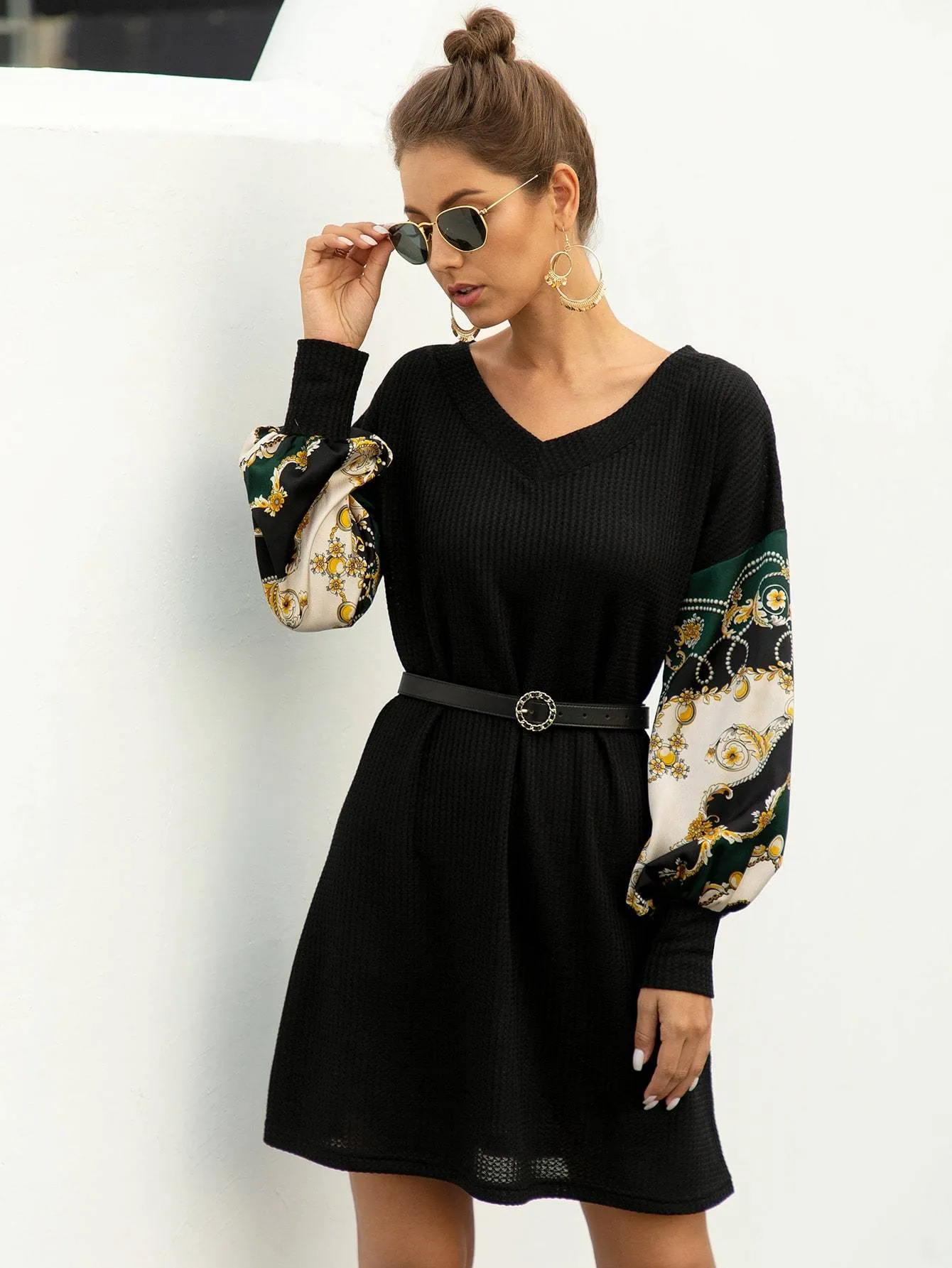 Chain Print Puff Sleeve Jumper Dress Without Belted