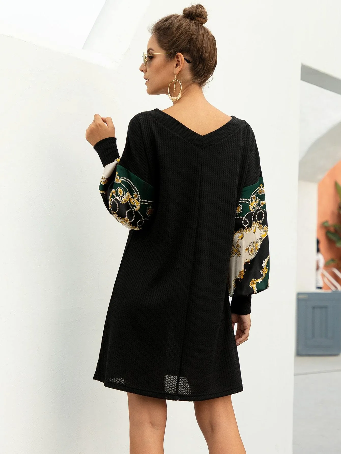 Chain Print Puff Sleeve Jumper Dress Without Belted