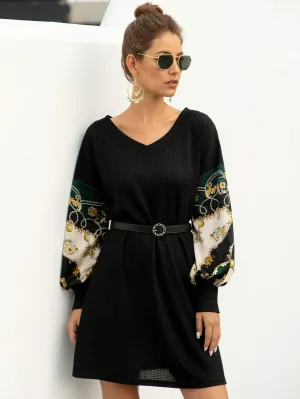 Chain Print Puff Sleeve Jumper Dress Without Belted