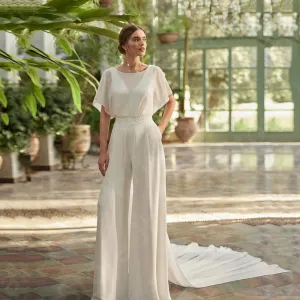 Chiffon Bridal Jumpsuit Wide Leg Boho Chic Wedding Day Suit With Train