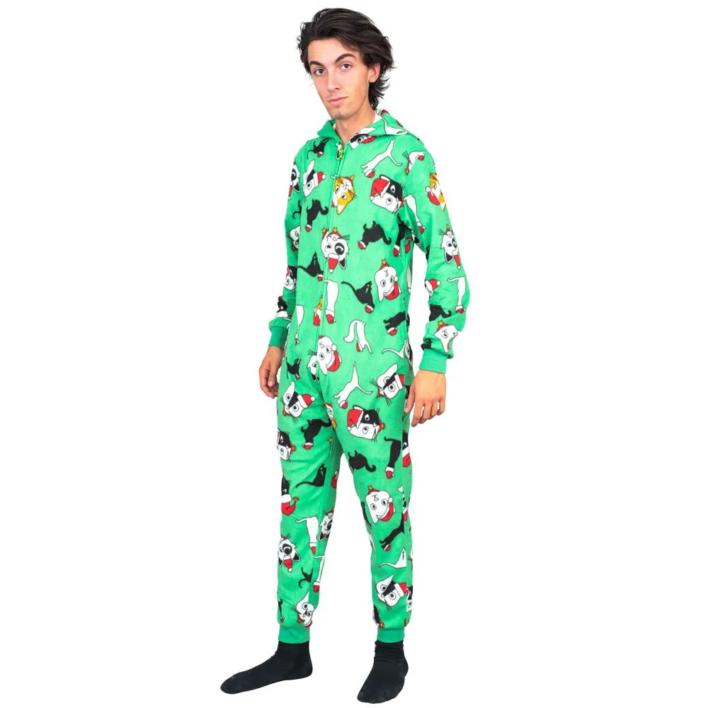 Christmas Cat Pajamas Cozy Fair Isle Union Suit Adult Green Jumpsuit