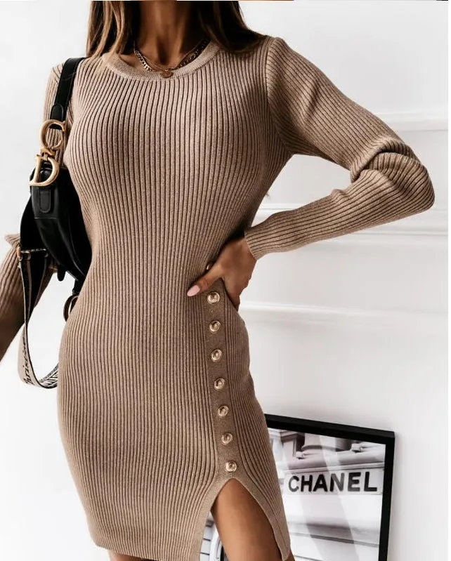 Contrast Button Detail Knit Dress