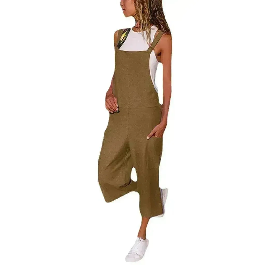 Cotton And Linen Casual Loose Long Wide Leg Jumpsuit