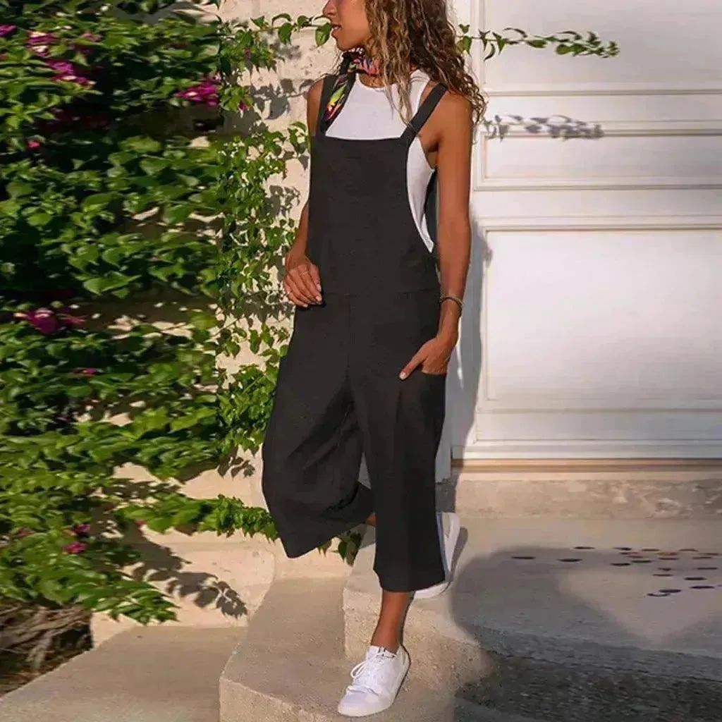 Cotton And Linen Casual Loose Long Wide Leg Jumpsuit