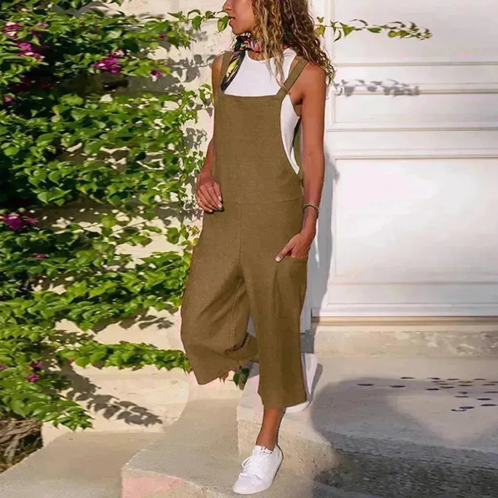 Cotton And Linen Casual Loose Long Wide Leg Jumpsuit