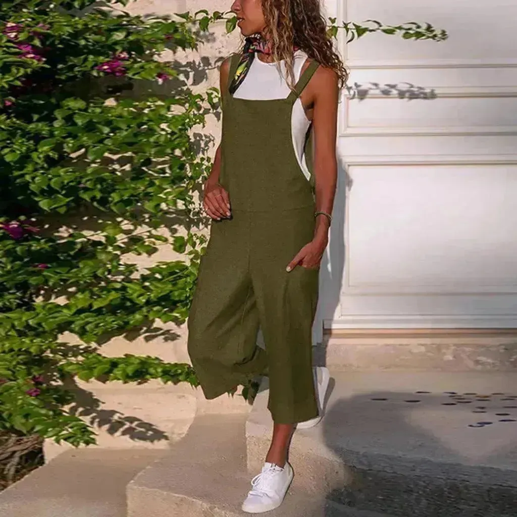 Cotton And Linen Casual Loose Long Wide Leg Jumpsuit