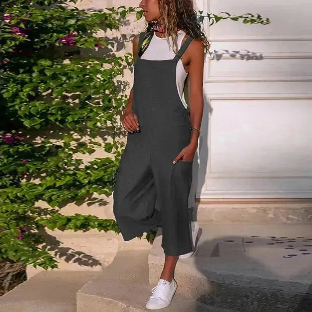 Cotton And Linen Casual Loose Long Wide Leg Jumpsuit