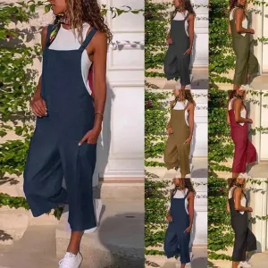 Cotton And Linen Casual Loose Long Wide Leg Jumpsuit