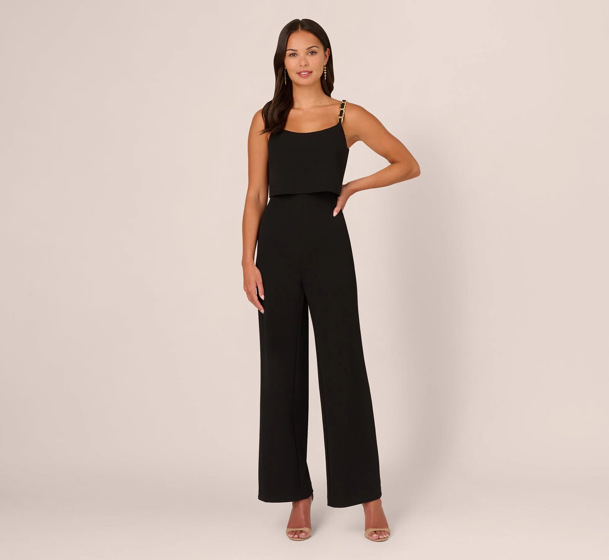 Crepe Popover Jumpsuit With Chain Straps In Black