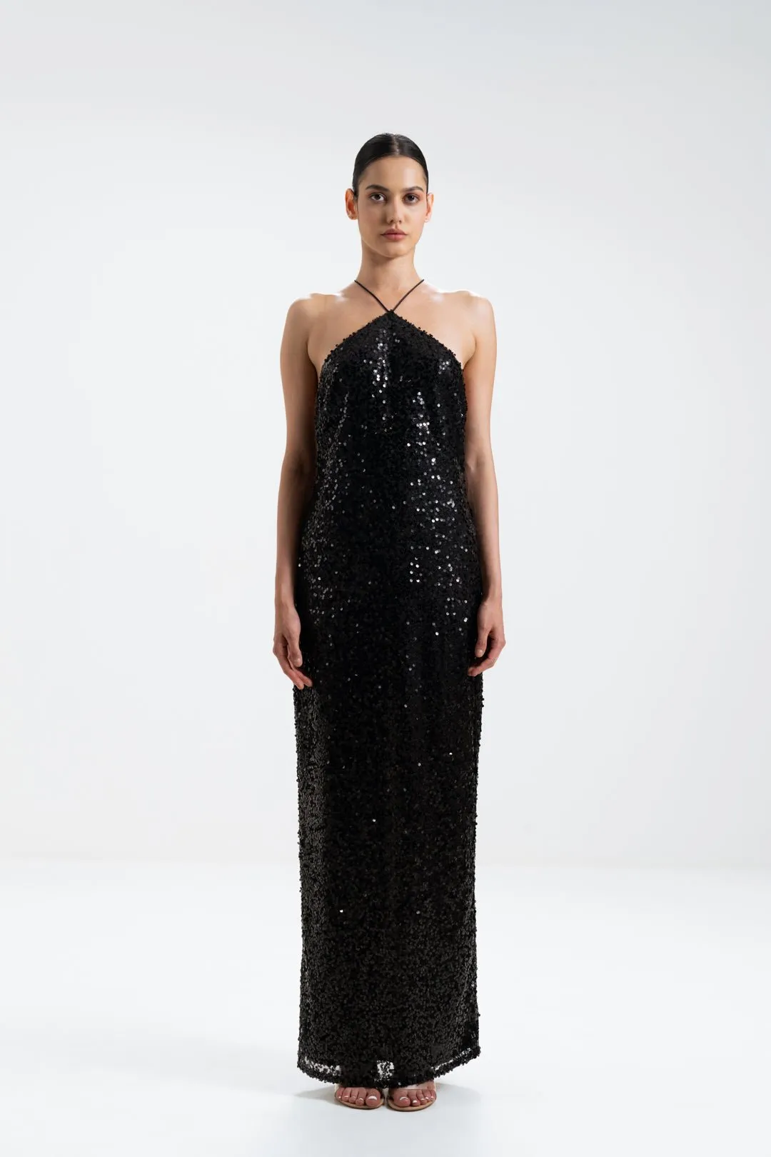 CROSS-NECK SEQUIN MAXI DRESS