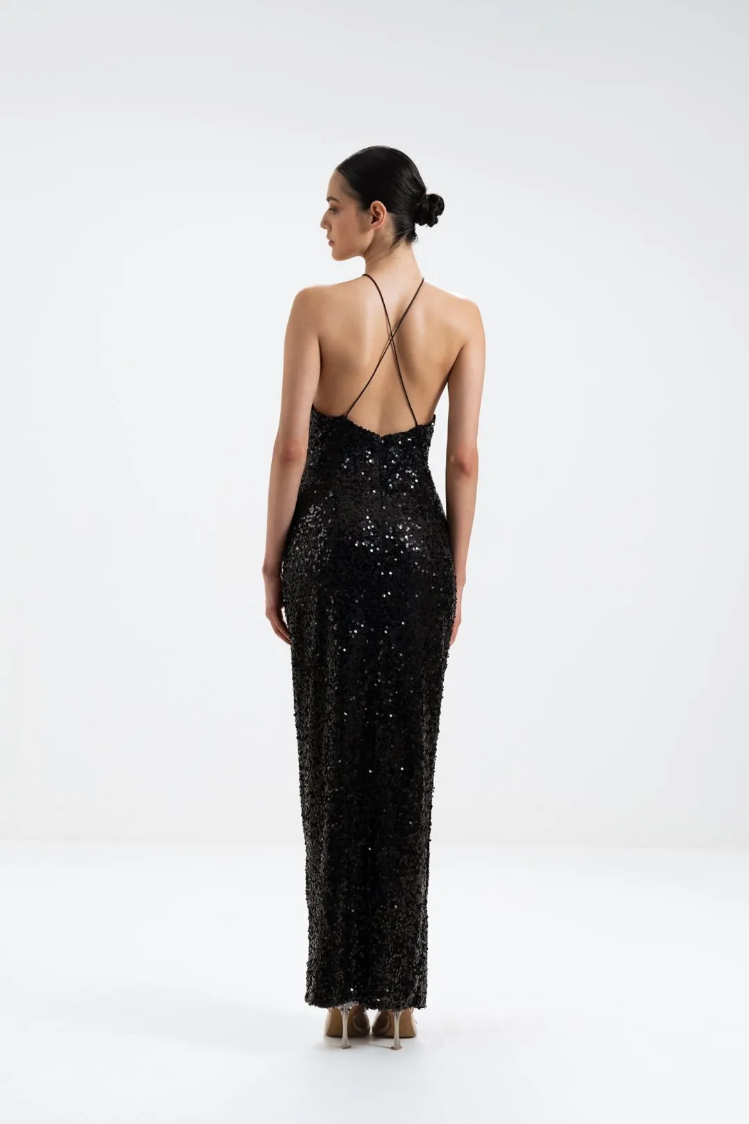 CROSS-NECK SEQUIN MAXI DRESS