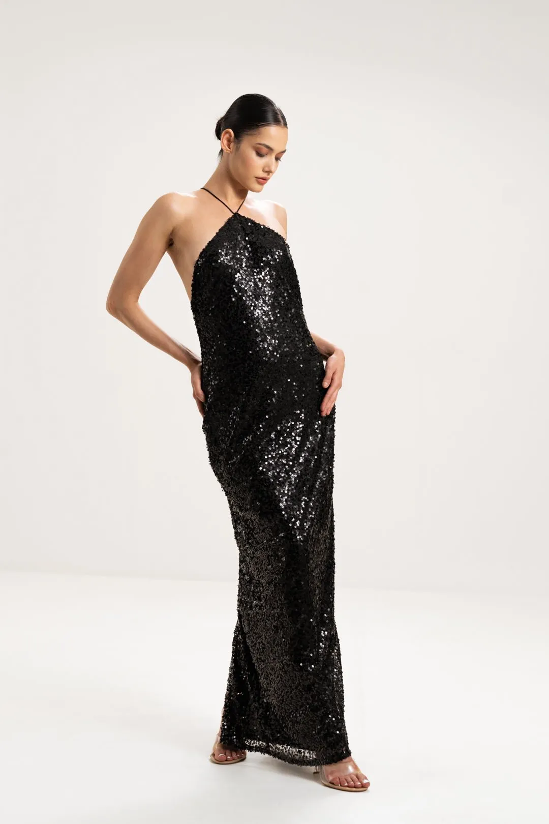 CROSS-NECK SEQUIN MAXI DRESS