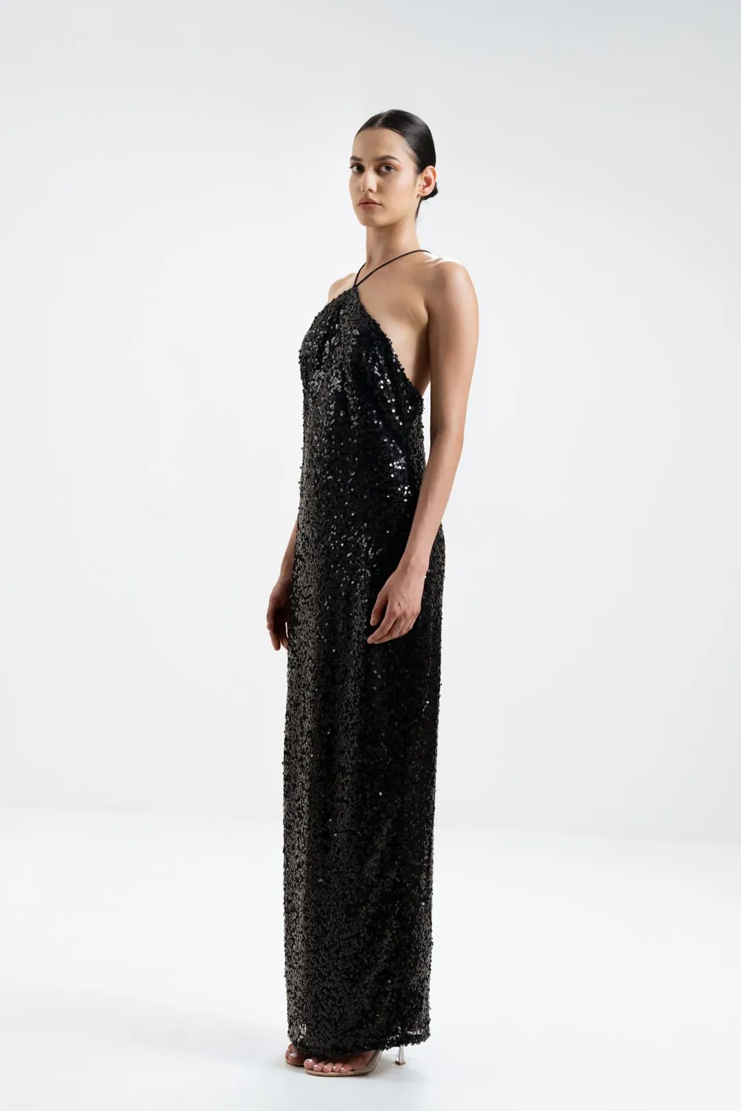 CROSS-NECK SEQUIN MAXI DRESS