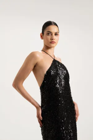 CROSS-NECK SEQUIN MAXI DRESS