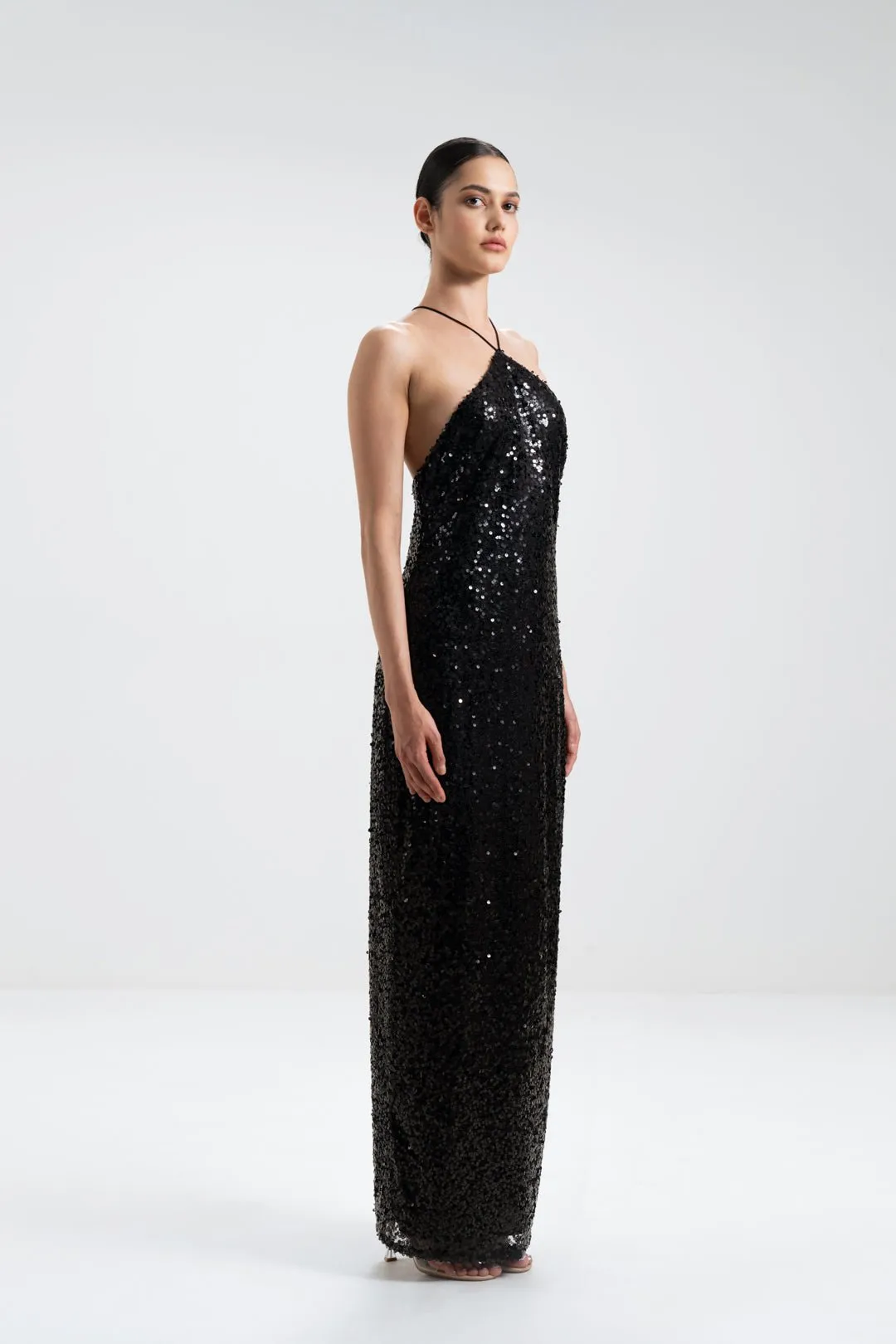 CROSS-NECK SEQUIN MAXI DRESS