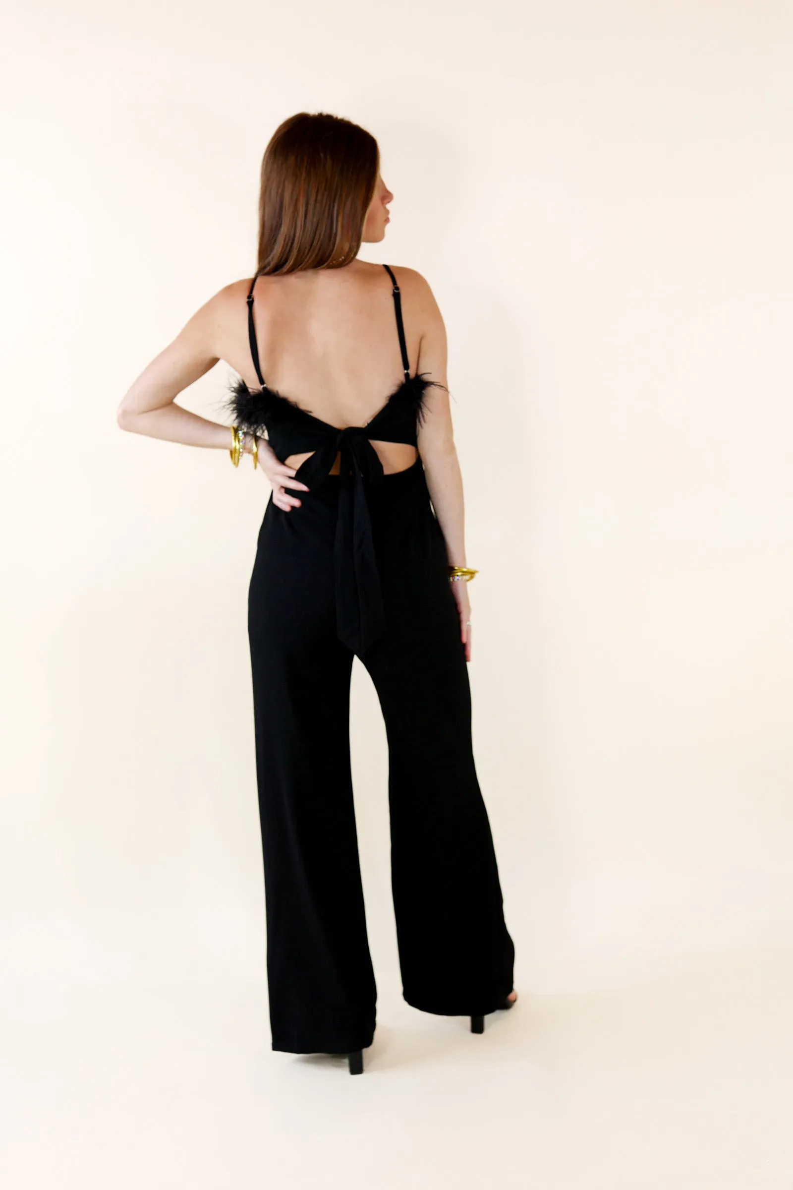 Cue The Lights Feather Jumpsuit with Waist Tie in Black