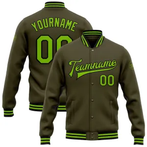 Custom Olive Neon Green-Black Bomber Full-Snap Varsity Letterman Salute To Service Jacket