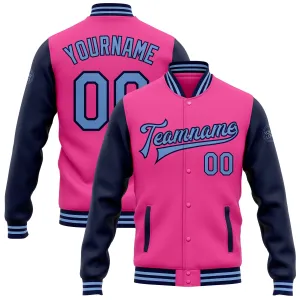 Custom Pink Light Blue-Navy Bomber Full-Snap Varsity Letterman Two Tone Jacket