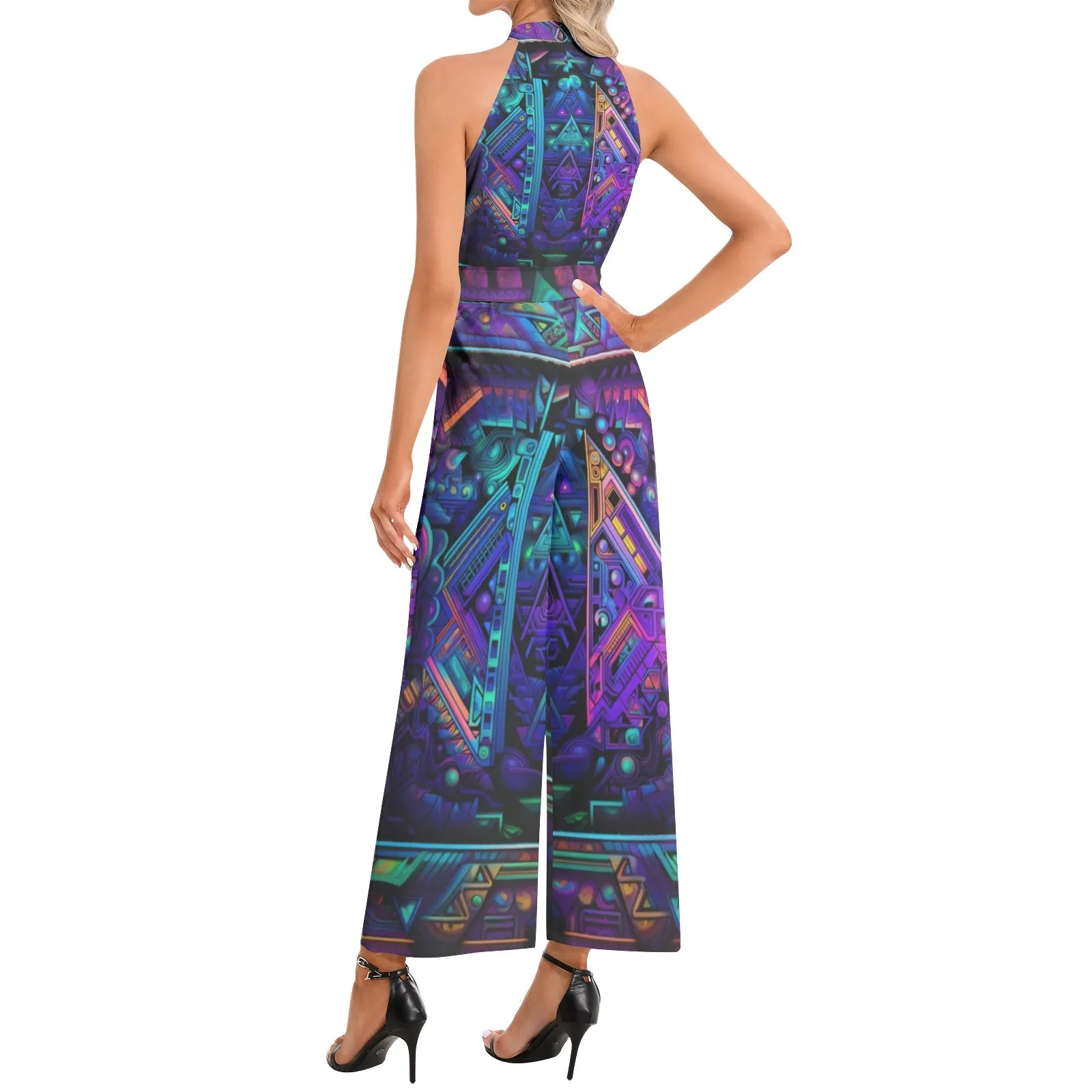 CYBER VIBES Halter Neck Buckle Belted Jumpsuit | ACIDMATH AI