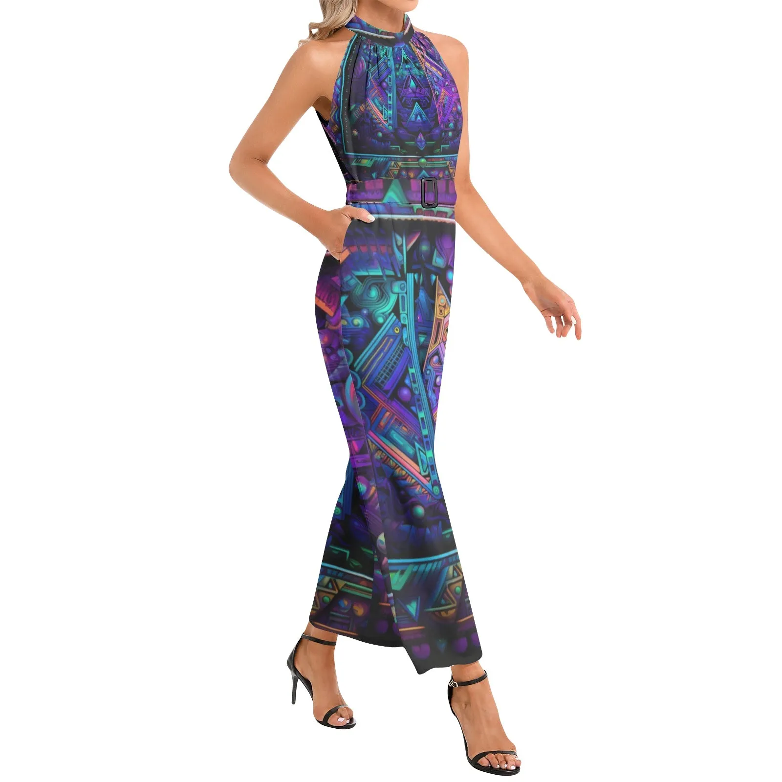 CYBER VIBES Halter Neck Buckle Belted Jumpsuit | ACIDMATH AI