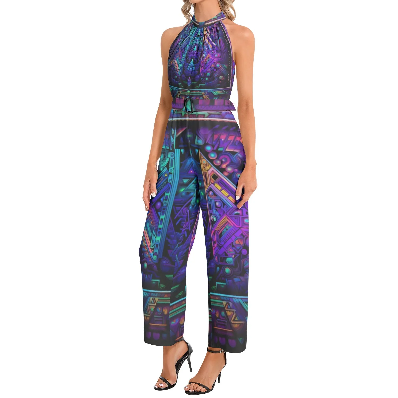 CYBER VIBES Halter Neck Buckle Belted Jumpsuit | ACIDMATH AI