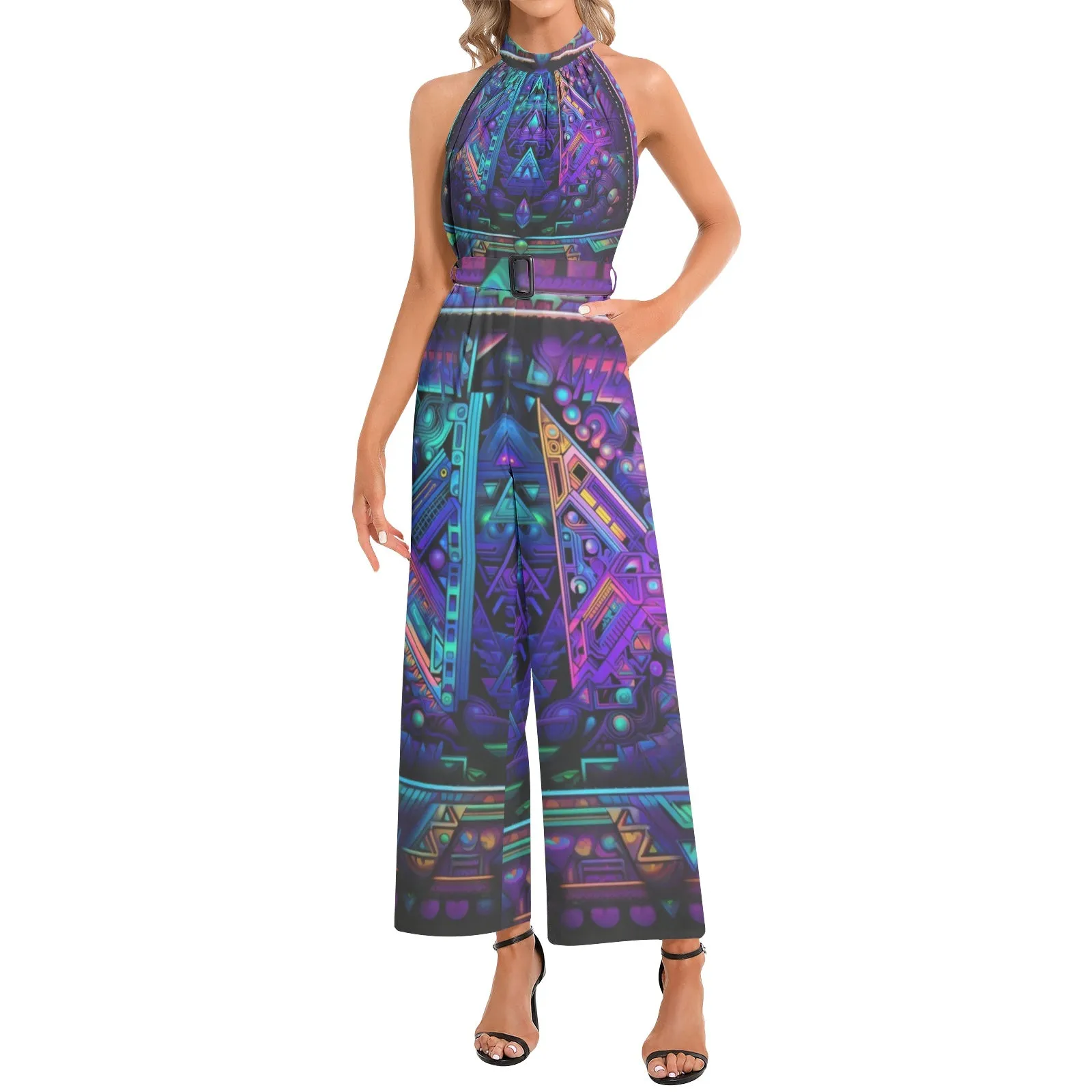 CYBER VIBES Halter Neck Buckle Belted Jumpsuit | ACIDMATH AI