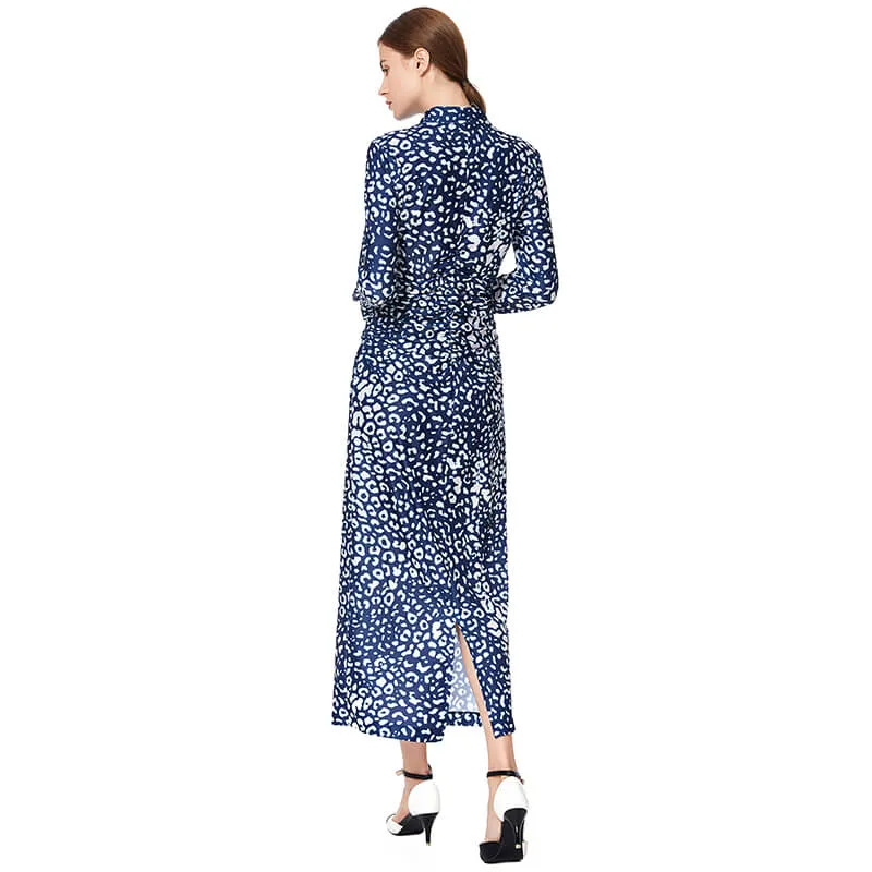 D022 Women animal print long sleeves shirt collar midi day dress