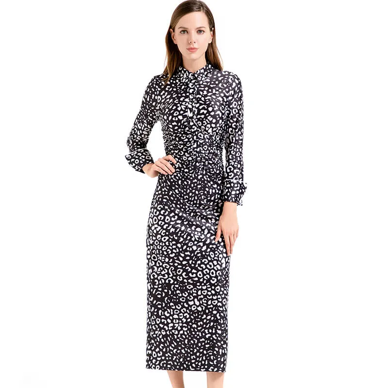 D022 Women animal print long sleeves shirt collar midi day dress