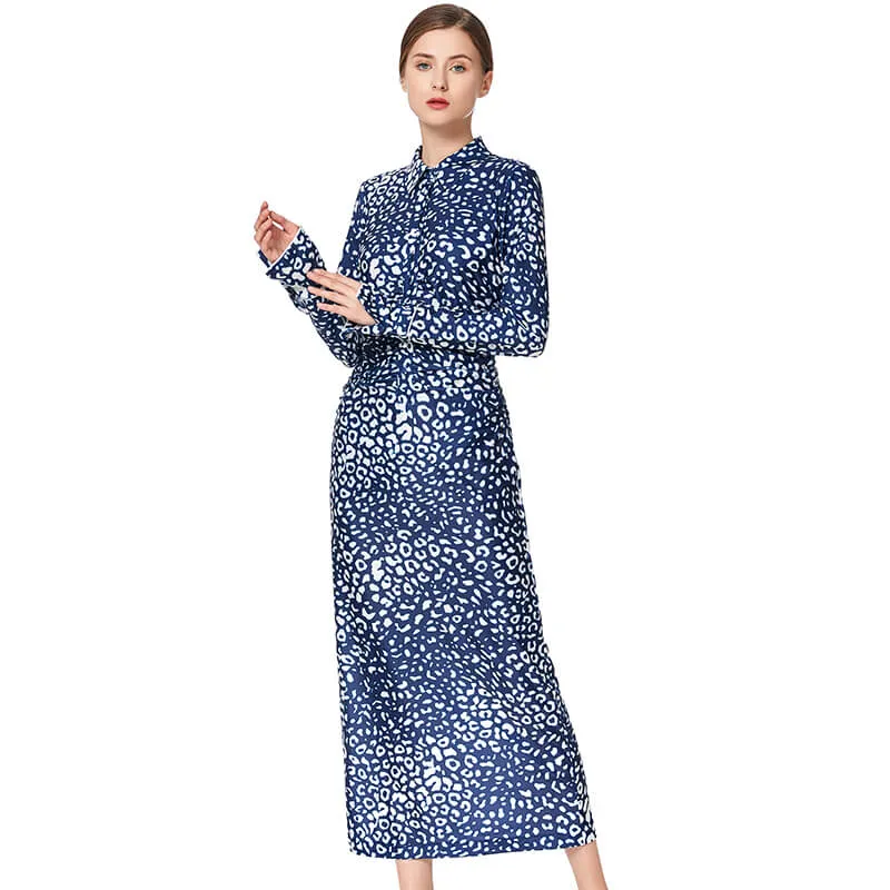 D022 Women animal print long sleeves shirt collar midi day dress