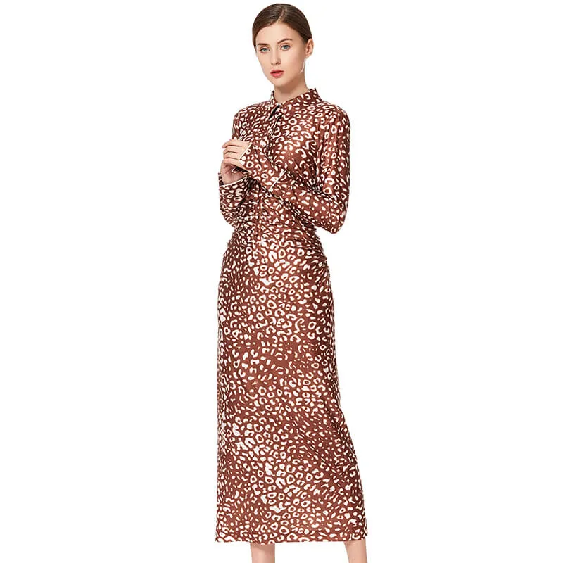 D022 Women animal print long sleeves shirt collar midi day dress