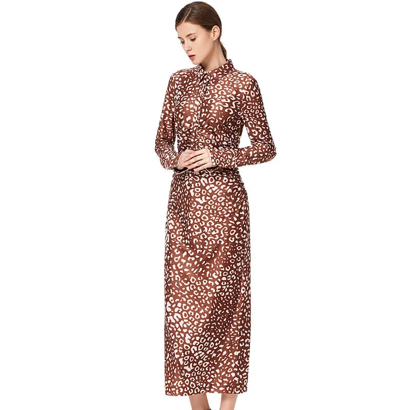 D022 Women animal print long sleeves shirt collar midi day dress