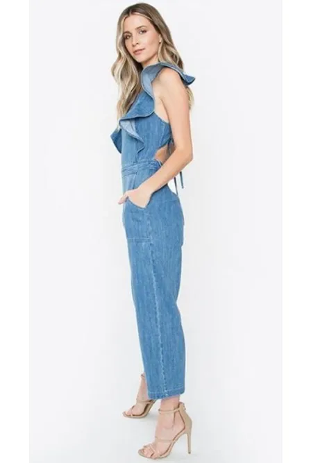 Denim Criss Cross Back Ruffled Sleeve Jumpsuit