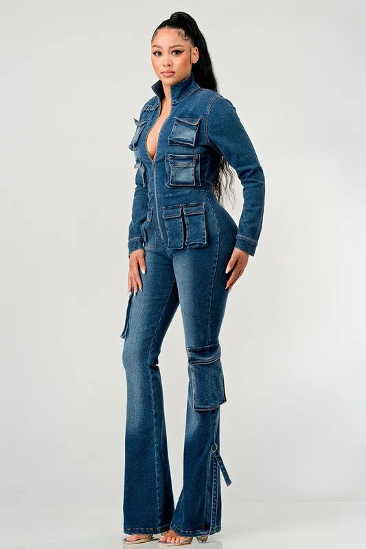 Denim Fun- Full Denim Long Sleeve Jumpsuit