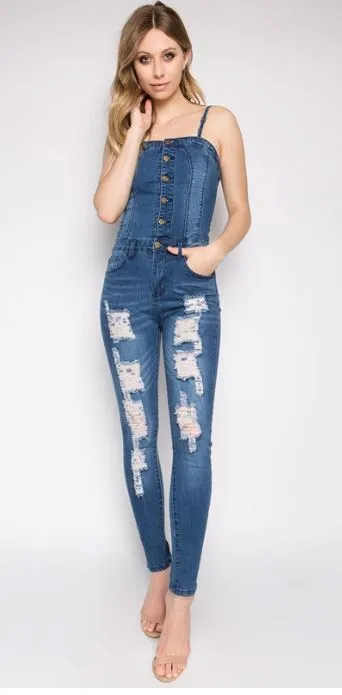 Destroyed Button Denim Stretch Jumpsuit