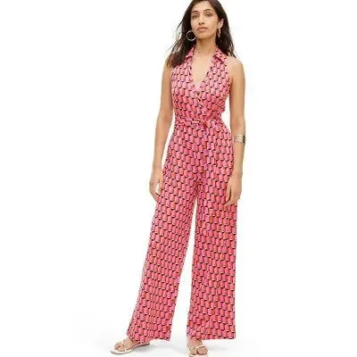 Diane von Furstenberg Women's Sleeveless Collared Jumpsuit, Modern Geo Pink