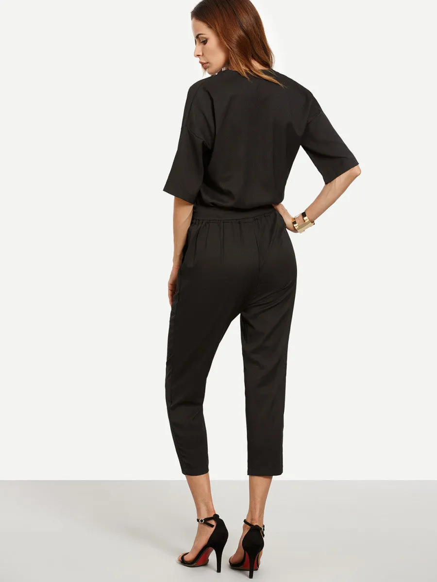 Drop Shoulder Self Tie Jumpsuit