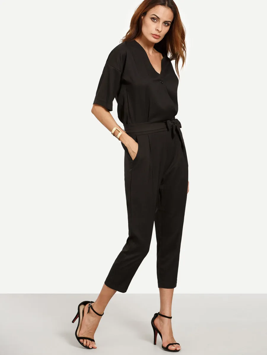 Drop Shoulder Self Tie Jumpsuit