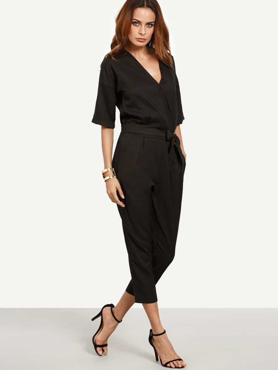 Drop Shoulder Self Tie Jumpsuit