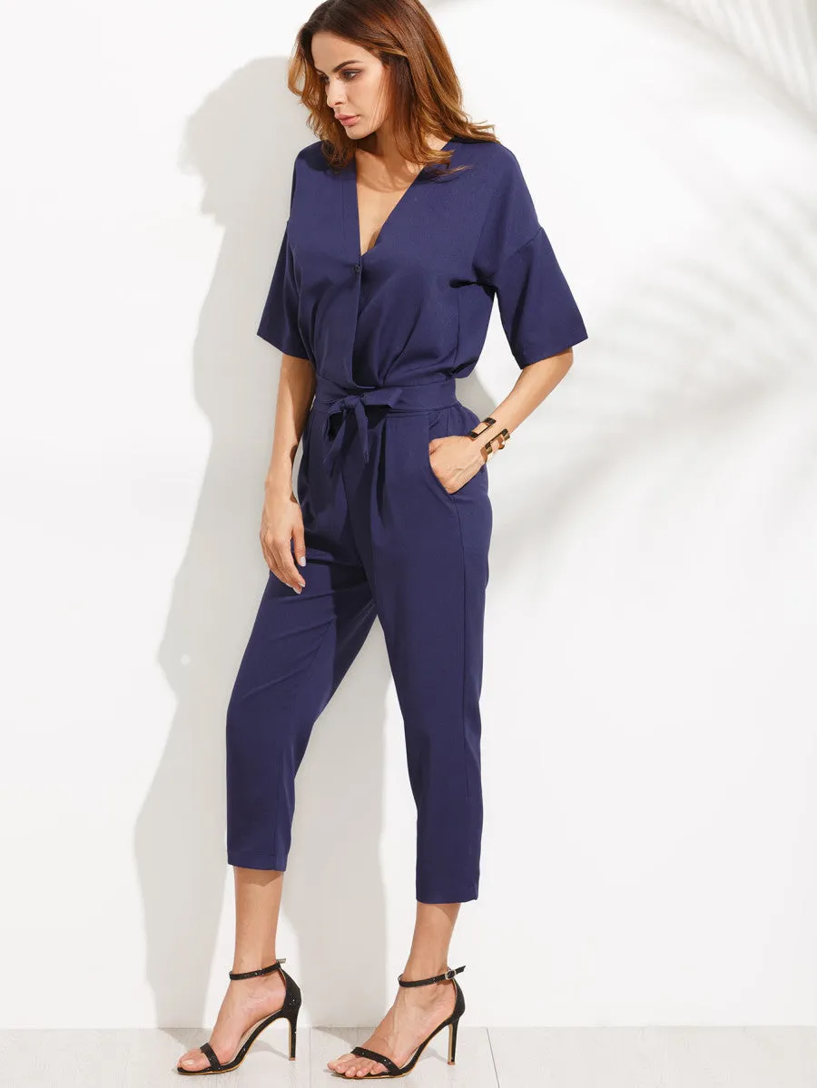 Drop Shoulder Self Tie Jumpsuit