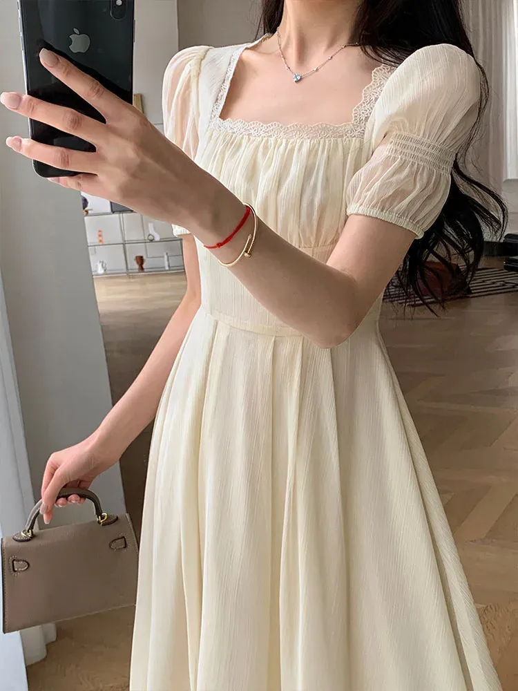 Elegant Dress for Women Short Sleeve Party Fashion Dresses Midi Square Collar Prom Dresses       fg4238