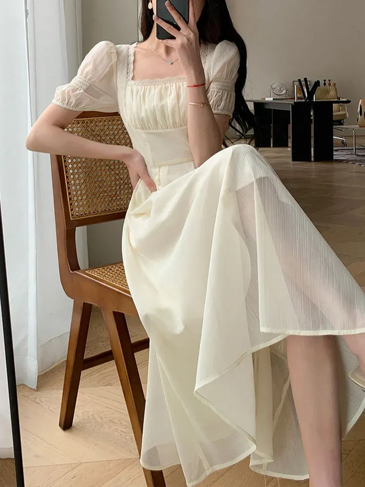 Elegant Dress for Women Short Sleeve Party Fashion Dresses Midi Square Collar Prom Dresses       fg4238