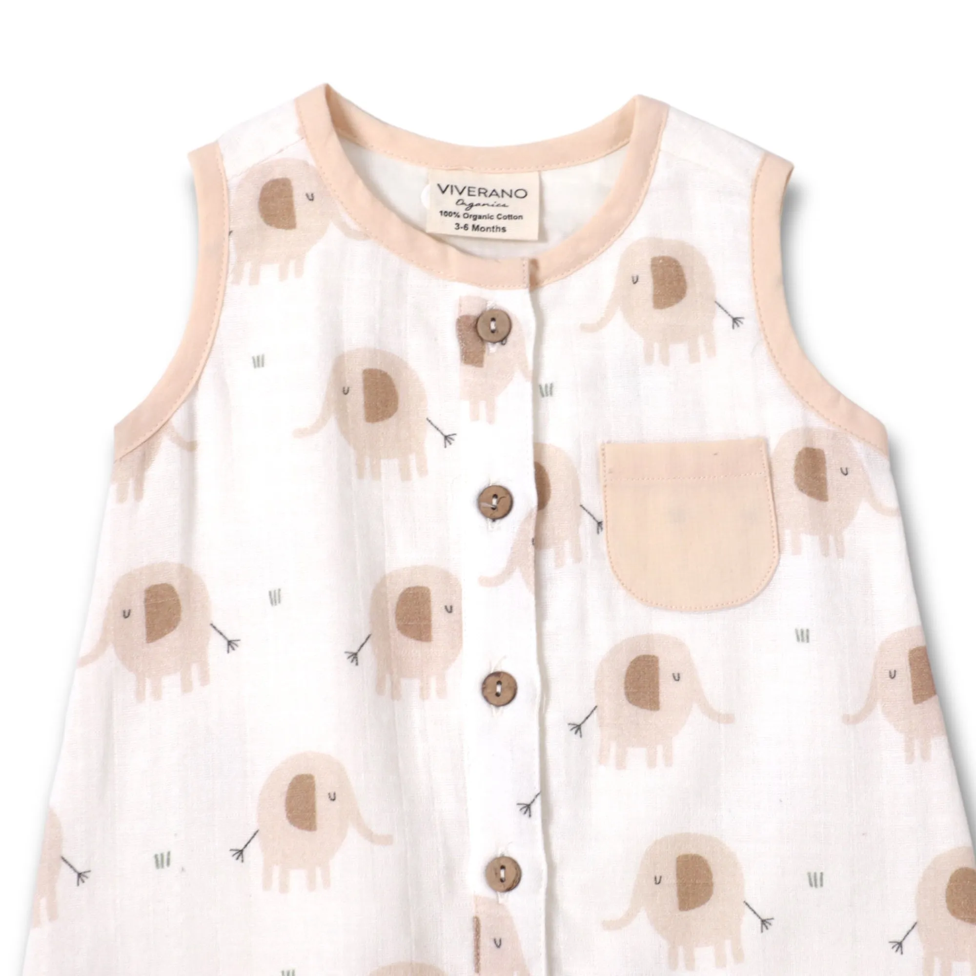 Elephant Sleeveless Button Baby Jumpsuit (Organic Muslin)