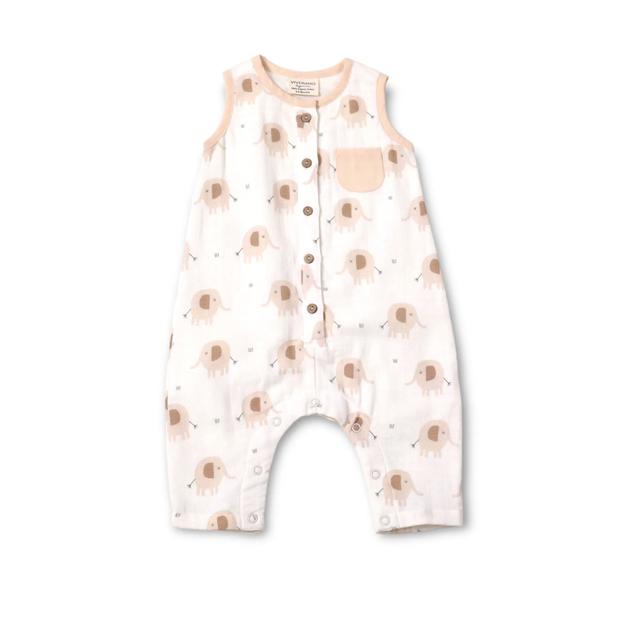 Elephant Sleeveless Button Baby Jumpsuit (Organic Muslin)